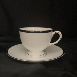 WEDGWOOD China CARLYN Pattern Cup & Saucer, Leigh Shape White with Silver Trim